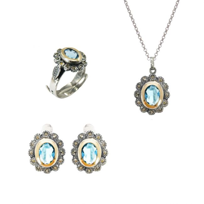 Conjunto Marcasitas Azules de Plata y Oro 