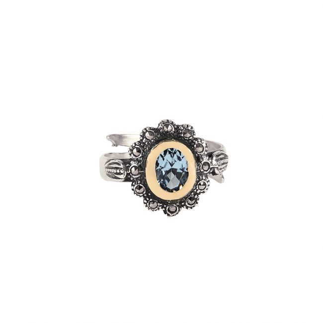 Anillo Marcasitas Azules de Plata y Oro 