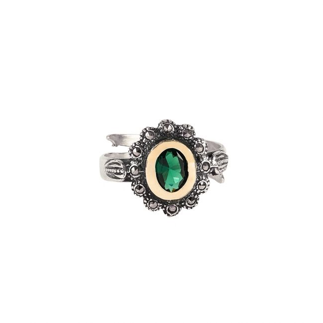 Anillo Marcasitas Verdes de Plata y Oro 