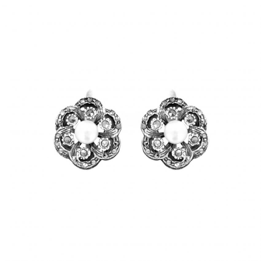 Boucles d'Oreilles Fleur avec Marcassites et Perle en Argent 