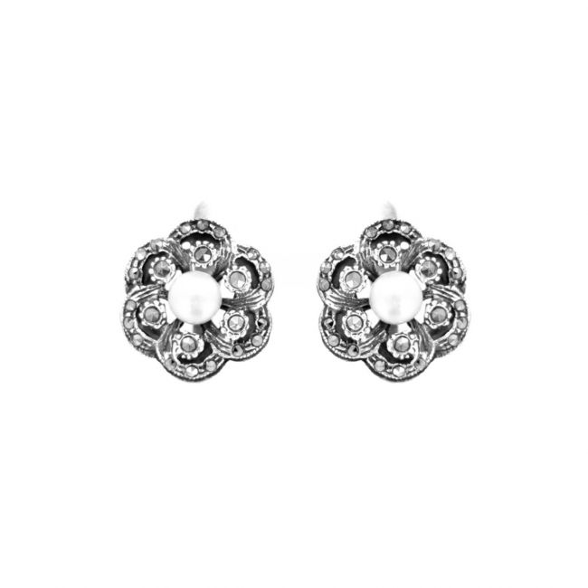 Boucles d'Oreilles Fleur avec Marcassites et Perle en Argent 