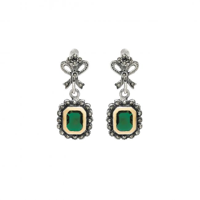 Boucles d'Oreilles Cravate Verte en Argent et Or 