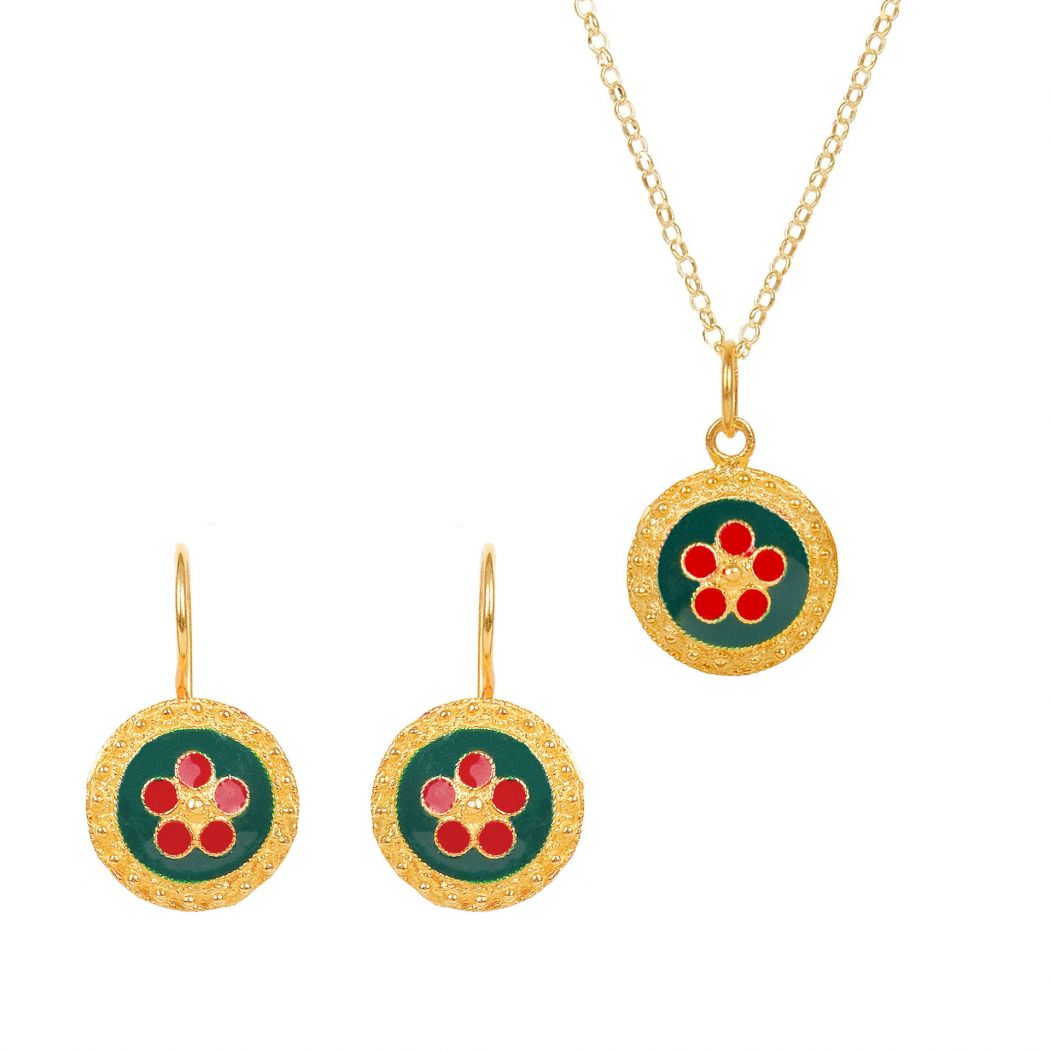 Set Green and Red Caramujo in Gold Plated Silver 