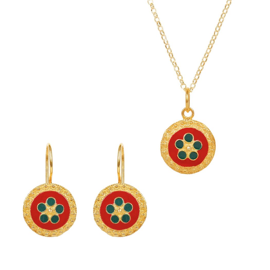 Set Red and Green Caramujo in Gold Plated Silver 