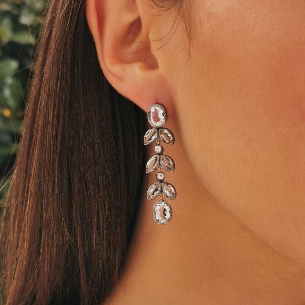 Boucles d'Oreilles Feuilles Cristal de Roche en Argent et Doré 