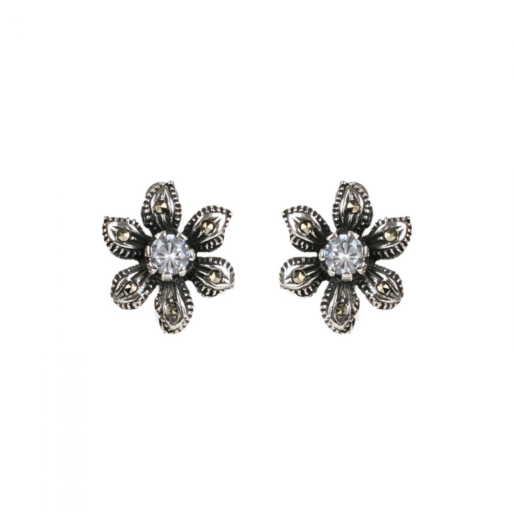 Earrings Flower with Marcasites and Zirconia in Silver 