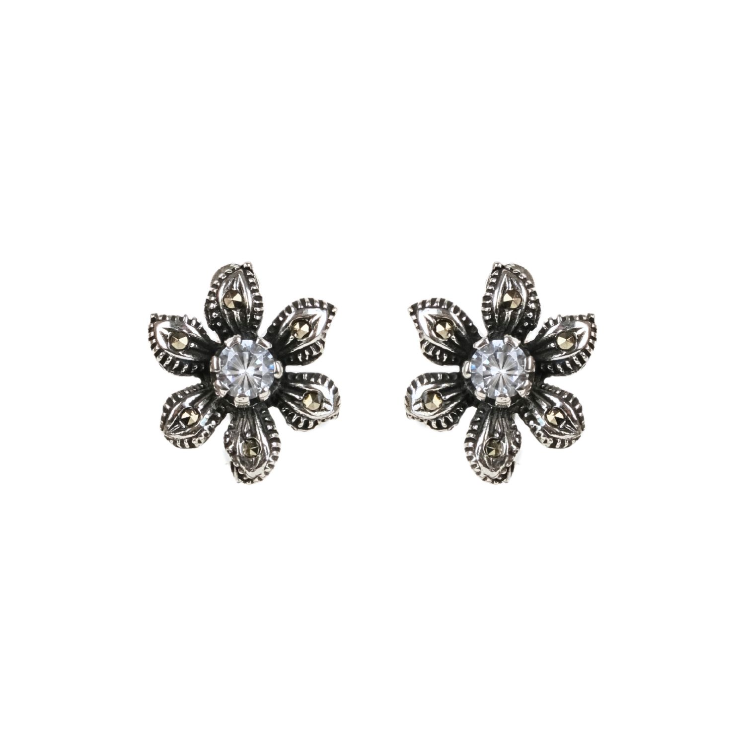 Earrings Flower with Marcasites and Zirconia in Silver 