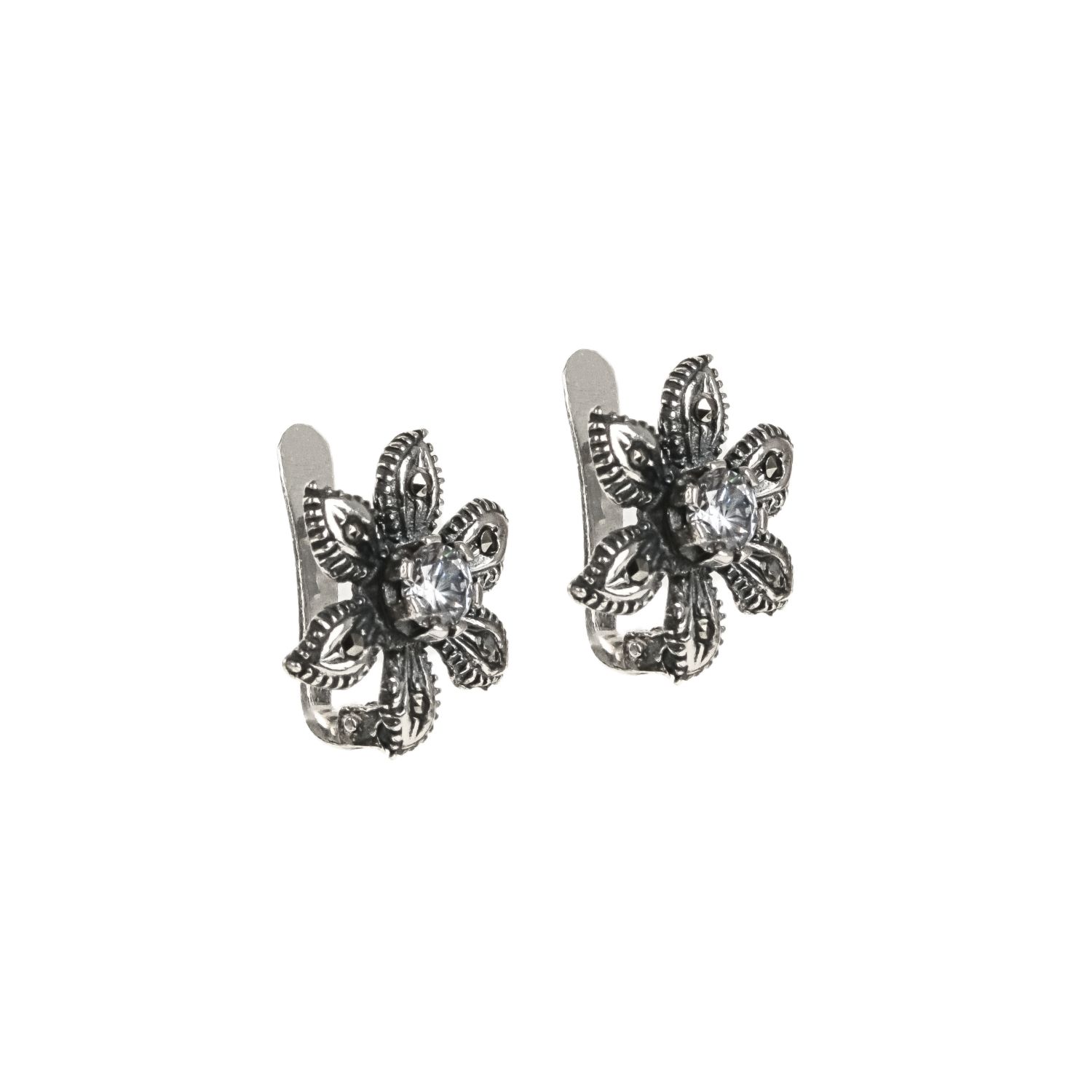 Earrings Flower with Marcasites and Zirconia in Silver 