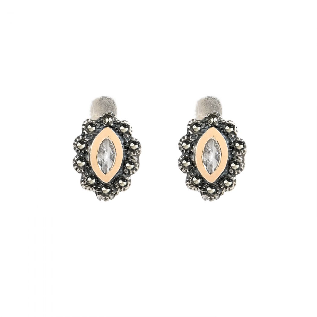 Earrings Navette with Marcasites in Silver and Gold 