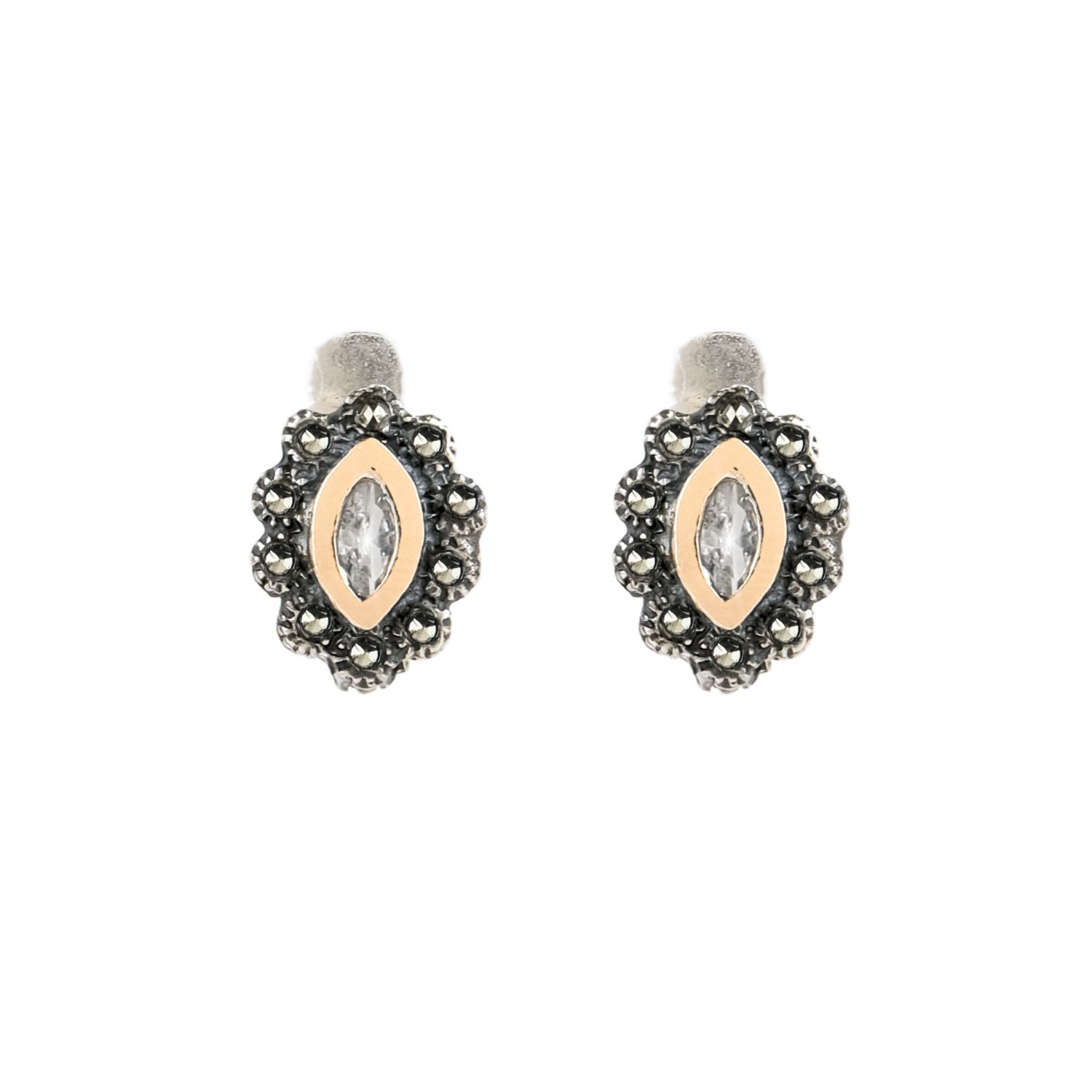 Earrings Navette with Marcasites in Silver and Gold 