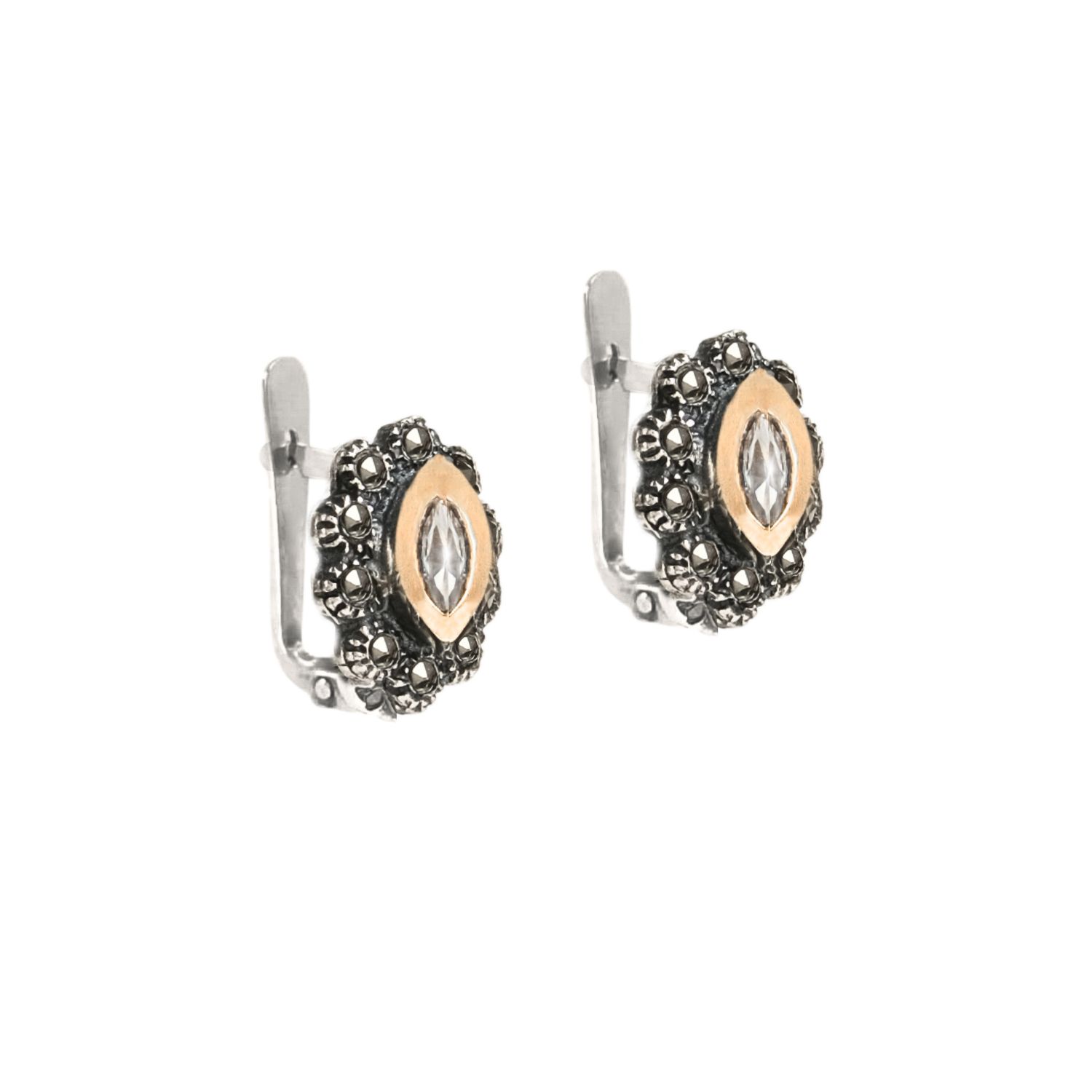 Earrings Navette with Marcasites in Silver and Gold 