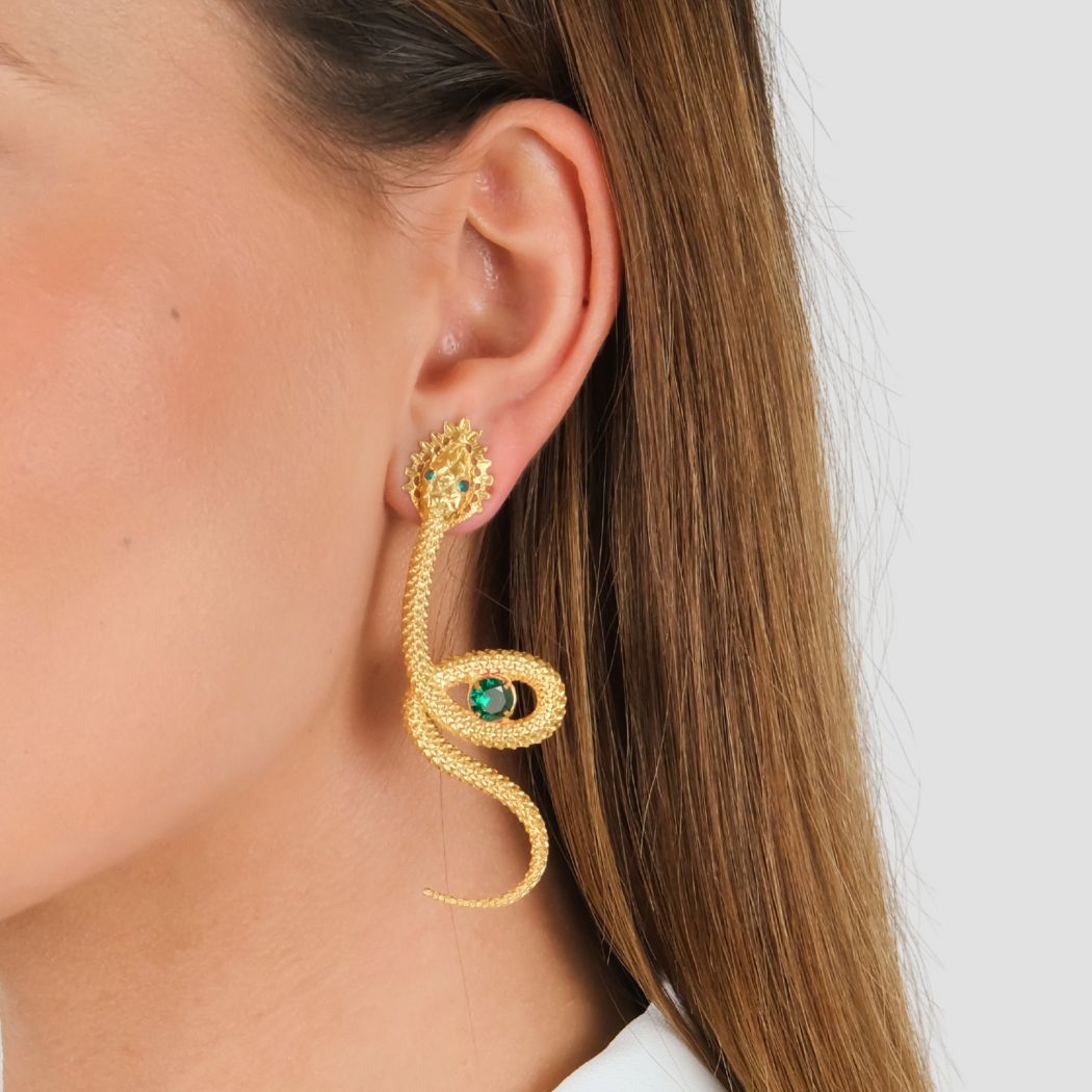 Earrings Snake Green in Gold Plated Silver 