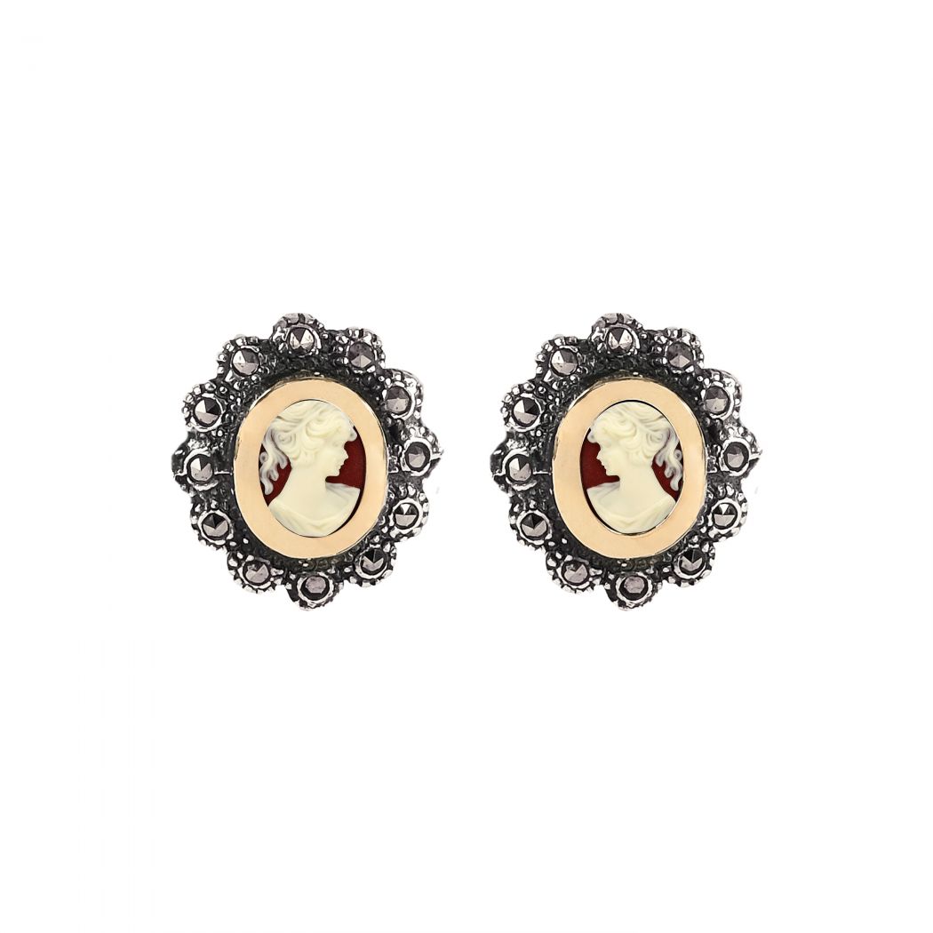 Earrings Cameo with Marcasites in Silver and Gold 