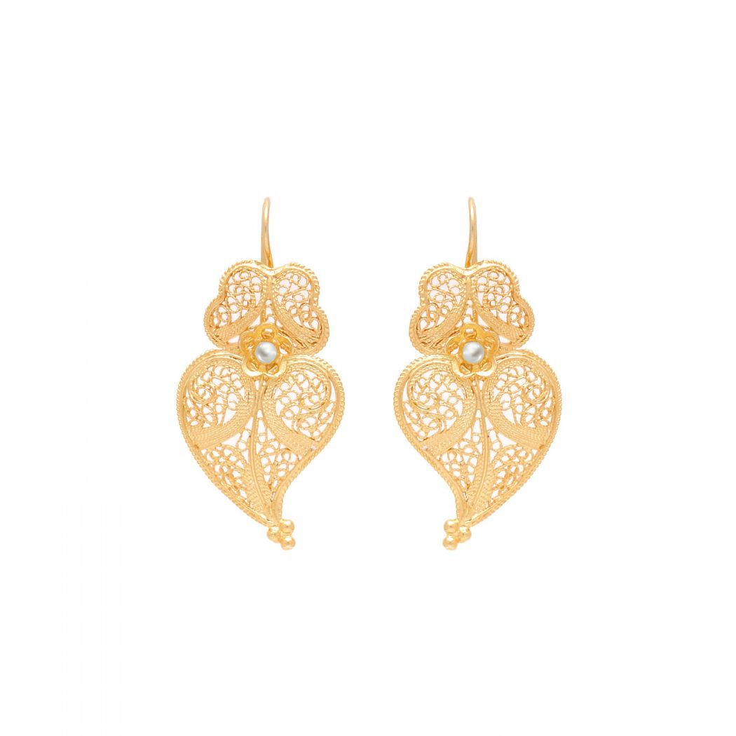 Earrings Heart of Viana 3,5cm in Gold Plated Silver with Pearl 