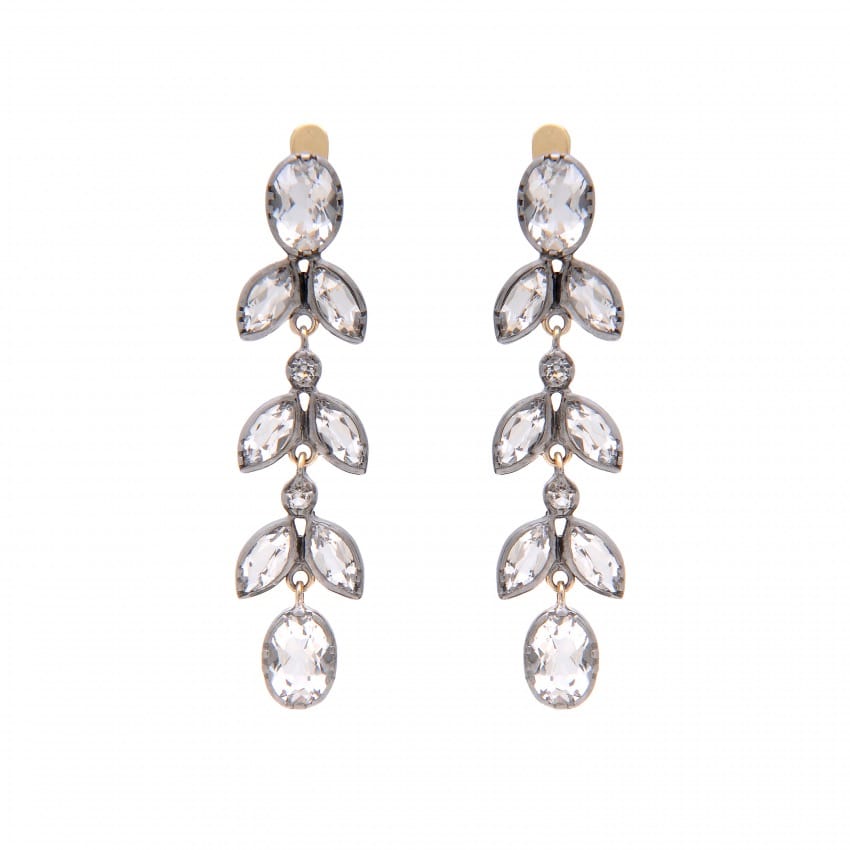 Boucles d'Oreilles Feuilles Cristal de Roche en Argent et Doré 