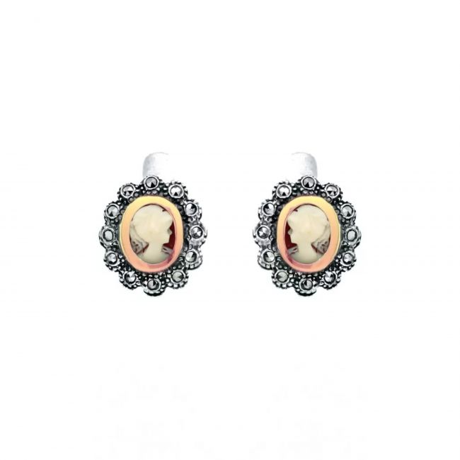 Boucles d'Oreilles Camée avec Marcassites en Argent et Or 