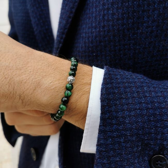 Pulsera Conta de Plata y Ojo de Tigre Verde 