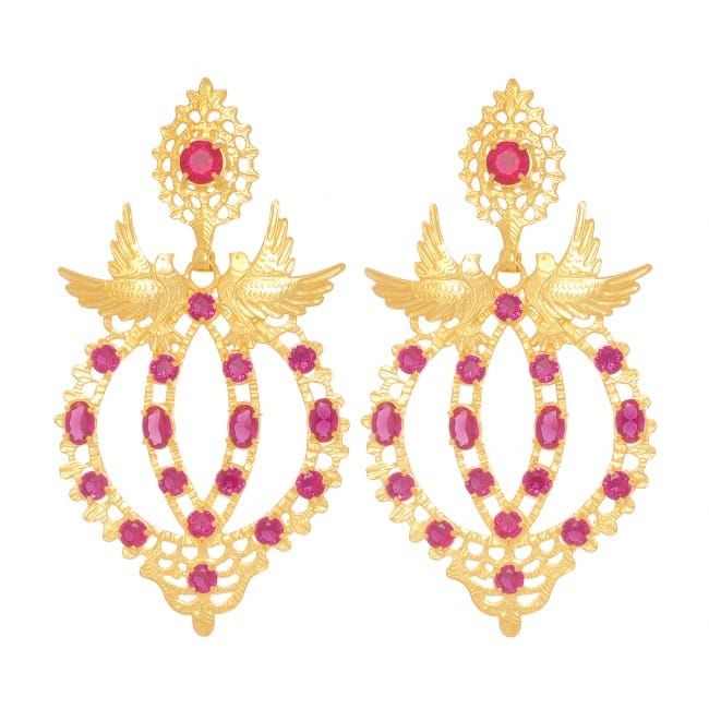 Boucles d'Oreilles Reine Colombe Rouge en Argent Plaqué Or 