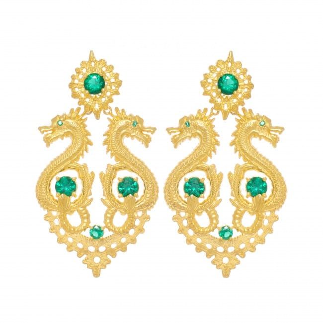 Boucles d'Oreilles Reine Dragon XL Vert en Argent Plaqué Or 