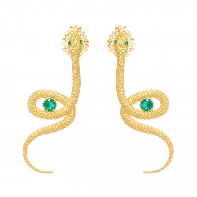 Boucles d'oreilles Serpent Vert en Argent Plaqué Or 