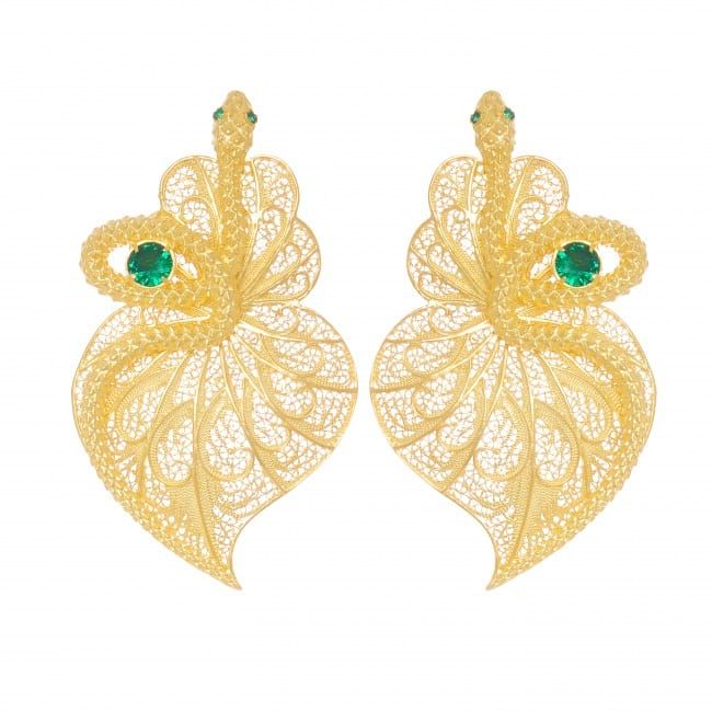 Boucles d'Oreilles Coeur Serpent Vert en Argent Plaqué Or 