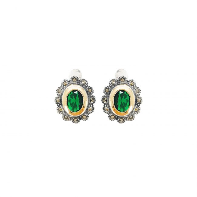 Boucles d'Oreilles Marcassites Vertes en Argent et Or 