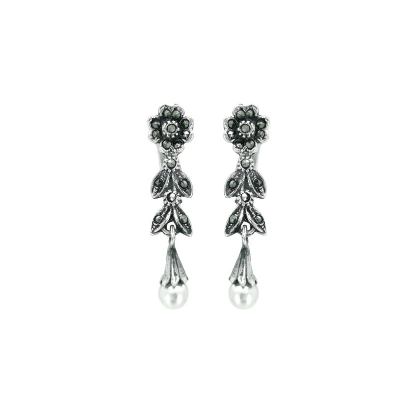 Boucles d'Oreilles Larme avec Marcassites et Perle en Argent 