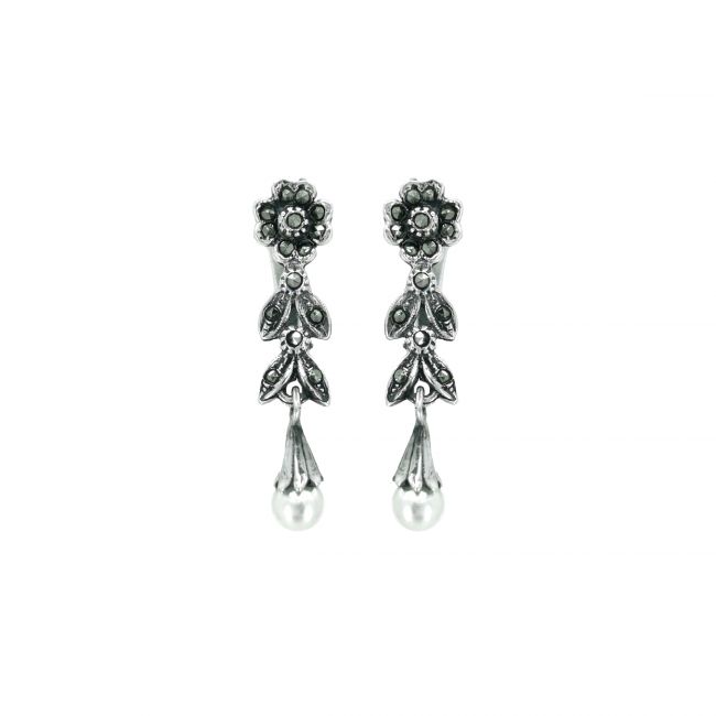 Boucles d'Oreilles Larme avec Marcassites et Perle en Argent 