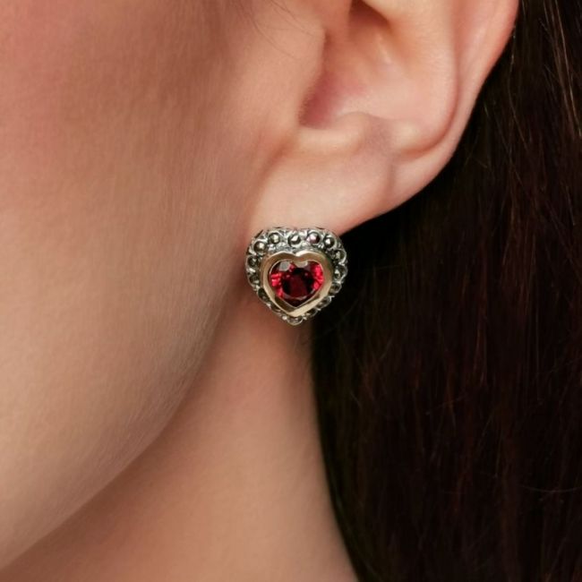 Boucles d'Oreilles Vintage Rouge en Argent et Or 