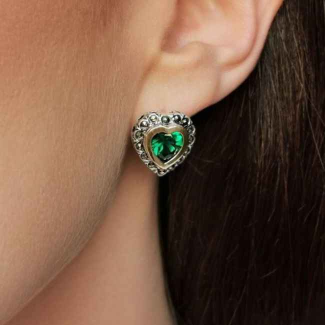 Boucles d'Oreilles Vintage Vert en Argent et Or 